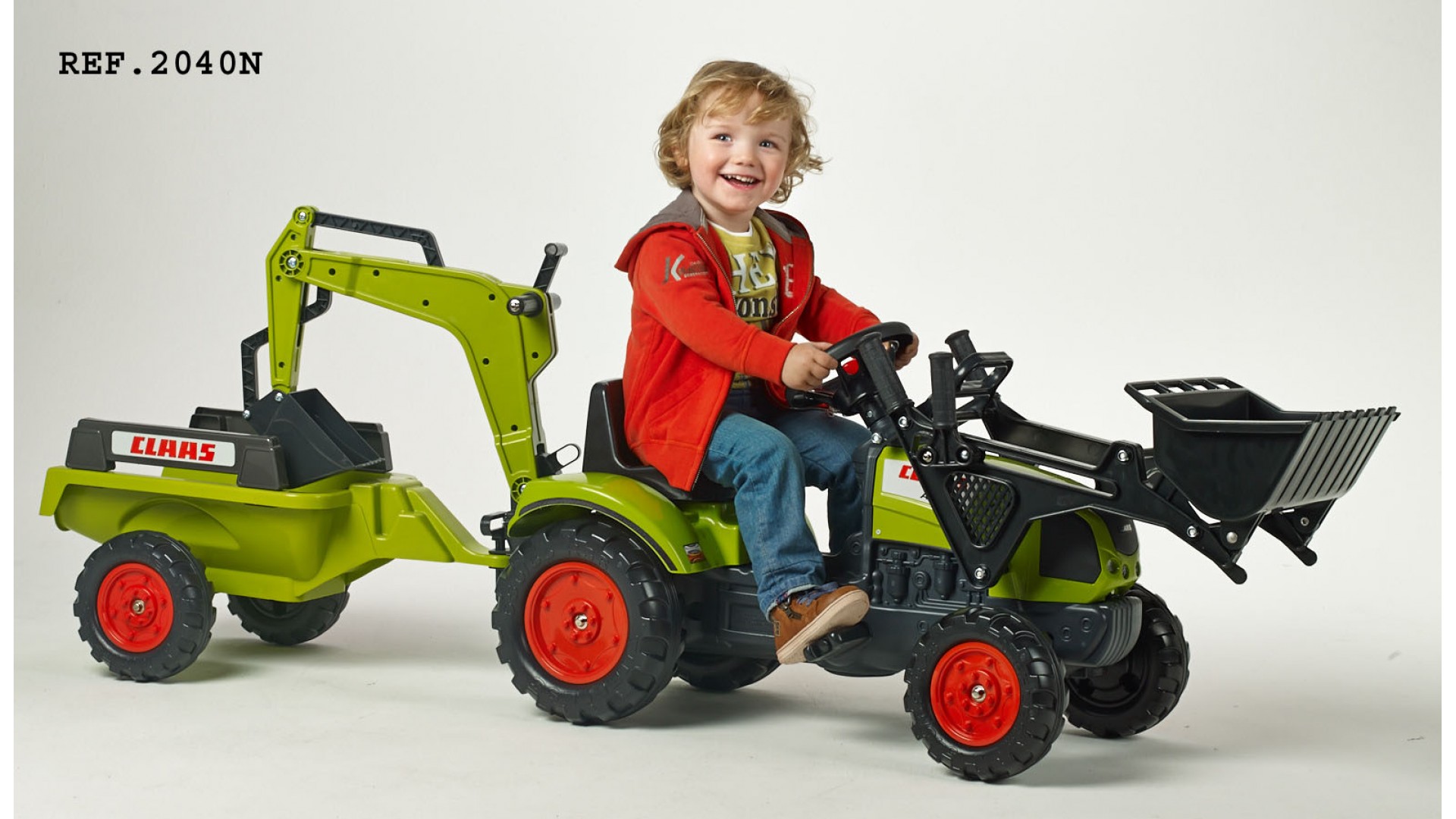 Šlapací traktor Claas Arion 410 se 2 lžícemi, valníkem, délka 181cm, Made in France